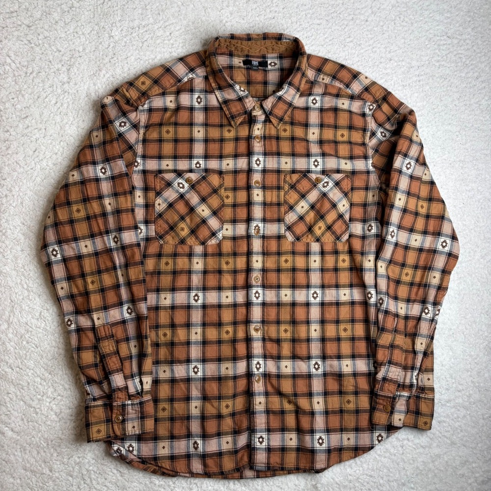 Frye Men XXL Brown Plaid Flannel Shirt Southwestern Geometric Cotton Long Sleeve